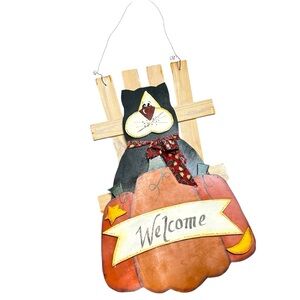 Handmade and‎ Hand Painted black Cat & Pumpkin Fall Harvest door or Wall Hanging